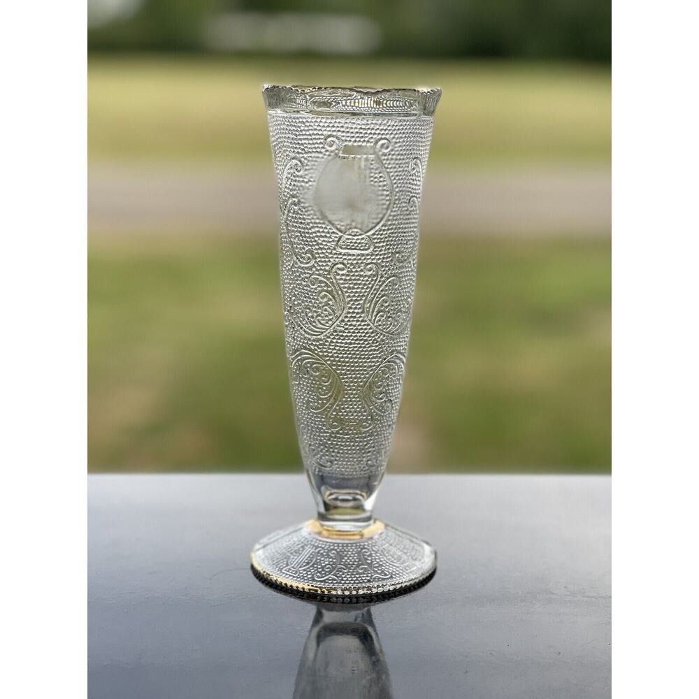 Vintage Depression Glass Harp Bud‎ Vase Jeannette Glass w\Gold Trim 7 1/2"